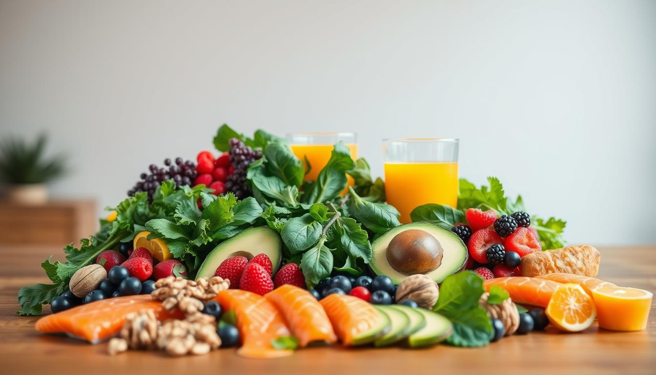 A vibrant still life of an assortment of cholesterol-lowering superfoods, arranged artfully on a wooden table. In the foreground, a variety of fresh greens, such as kale, spinach, and avocado, are displayed alongside colorful berries, walnuts, and salmon fillets. In the middle ground, a glass of freshly squeezed orange juice adds a splash of citrus. The background features a neutral, well-lit environment, with soft, natural lighting that accentuates the vibrant colors and textures of the ingredients. The overall mood is one of health, wellness, and a balanced, nutritious diet that can help lower cholesterol levels.