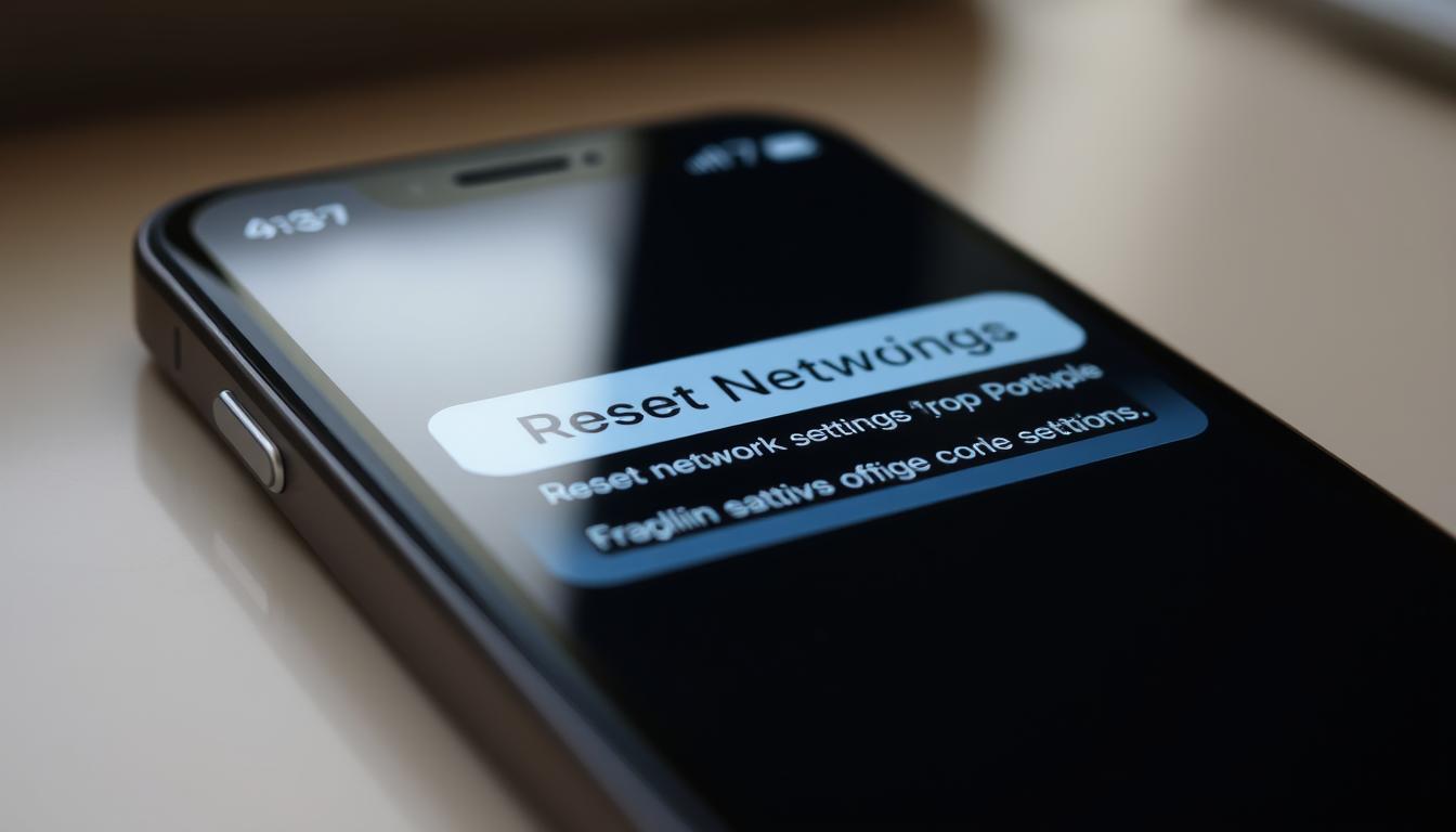 a closeup view of an iPhone screen displaying the "Reset Network Settings" interface, the screen is well-lit with a soft, natural lighting, the background is slightly blurred to focus attention on the device, the interface elements are rendered with crisp, high-definition detail, the overall tone is calm and informative, conveying a sense of ease in resolving network-related issues on the iPhone