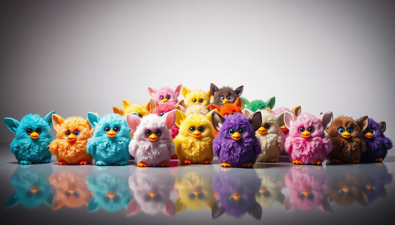 A vibrant display of the original Furby's color variations, showcased in a stylish, studio-lit arrangement. In the foreground, an assortment of Furbies in classic hues like teal, pink, and purple sit atop a sleek, reflective surface, their plush textures and expressive features illuminated by soft, directional lighting. In the middle ground, additional Furbies in complementary shades of yellow, orange, and green are arranged in a visually striking pattern, creating a sense of depth and visual interest. The background features a clean, minimal setting, allowing the Furbies to take center stage and accentuating their distinct, collectible nature. The overall composition captures the whimsical, nostalgic charm of the original Furby, inviting the viewer to appreciate the variety and appeal of this iconic 90s toy.