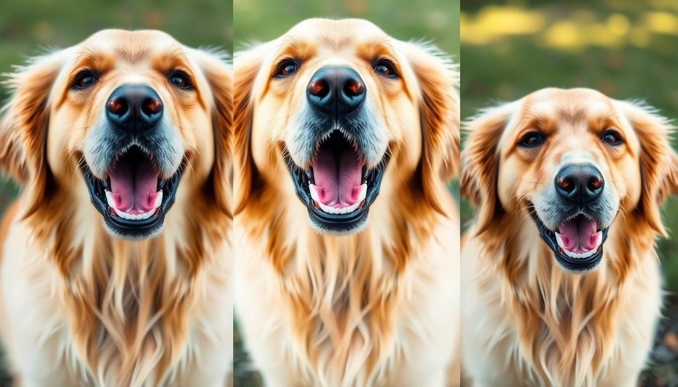 Golden retriever making different vocal expressions from grunting to barking