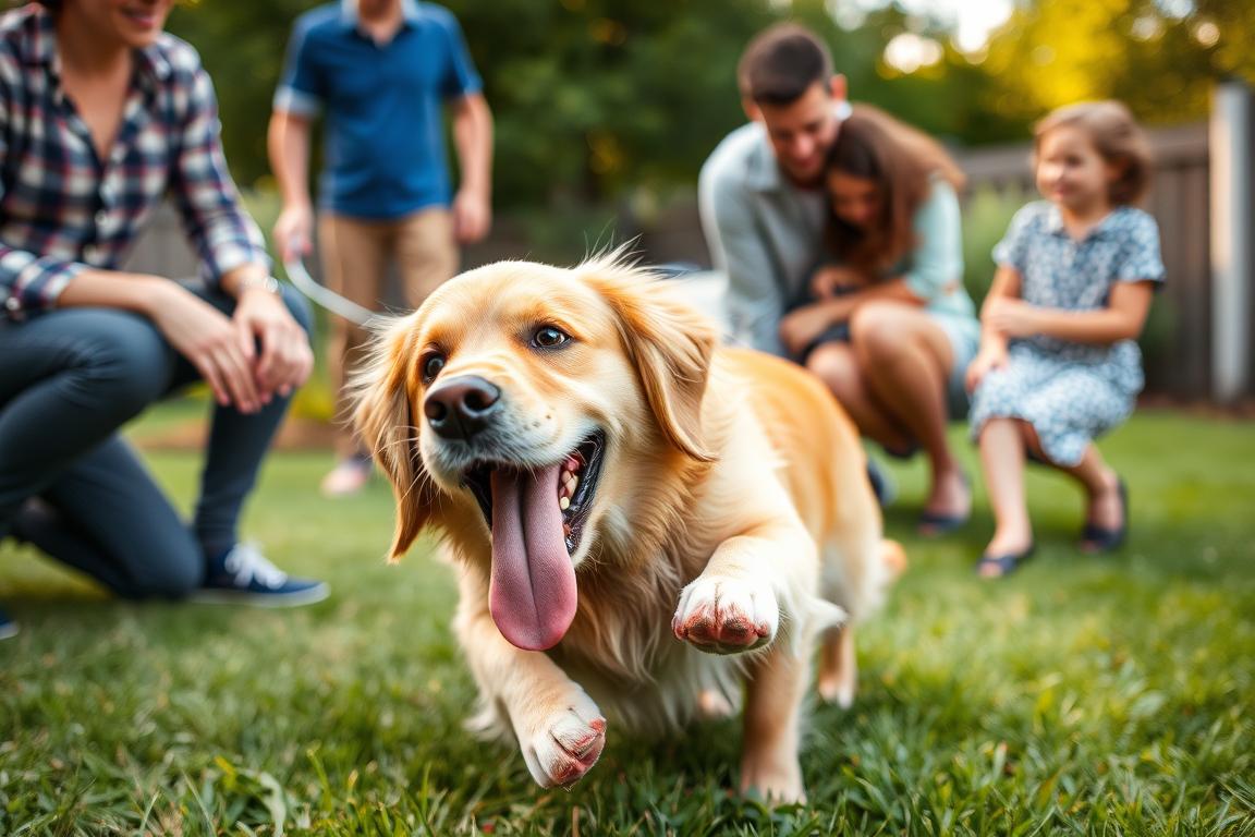 Golden Retriever King Charles Mix playing with family