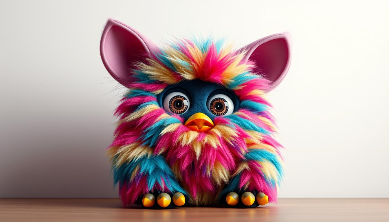 a highly detailed, hyperrealistic 3D render of a rare and valuable 1998 Furby, photographed from a low angle against a clean, neutral background. The Furby has a unique and vibrant colorful fur coat with intricate patterns, and its large, expressive eyes convey a sense of wonder and curiosity. The lighting is soft and diffused, highlighting the textural details of the fur and the Furby's distinctive features. The image captures the essence of this highly sought-after collectible Furby, emphasizing its rarity and desirability.