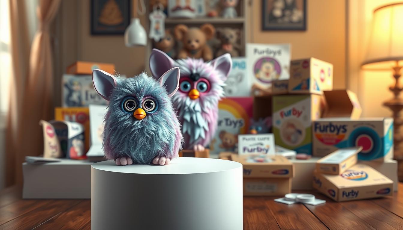 A highly detailed, photorealistic illustration of the key factors that determine the value of a Furby toy. In the foreground, a pristine Furby sits on a white pedestal, its vibrant fur and expressive eyes capturing the viewer's attention. In the middle ground, a collection of Furby accessories and packaging, including vintage tags, manuals, and original boxes, are arranged in a visually appealing composition. The background features a softly blurred, warm-toned vintage setting, hinting at the nostalgic appeal and collectability of these iconic toys. The scene is illuminated by soft, diffused lighting, creating a sense of depth and dimension. The overall mood is one of celebration and appreciation for the enduring appeal and value of the Furby.