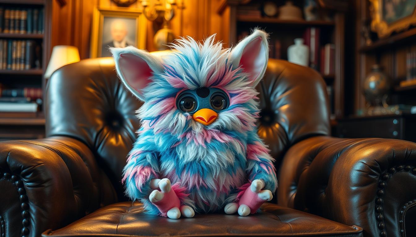 Rare 1998 Furby, sitting on a worn leather armchair, with a soft, warm lighting illuminating its unique, vintage features. The plush, multi-colored fur catches the light, creating a sense of nostalgia and collectability. In the background, a cozy, wood-paneled room with bookshelves and antique decor, hinting at the item's historical significance. The Furby's expressive eyes and subtle smile convey a sense of whimsical charm, captivating the viewer and highlighting its status as a highly sought-after collectible from the late 90s.