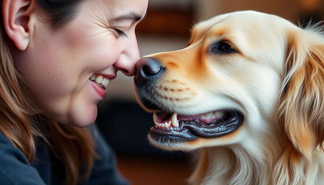 Golden retriever and owner sharing a close moment, dog making a content grunting sound