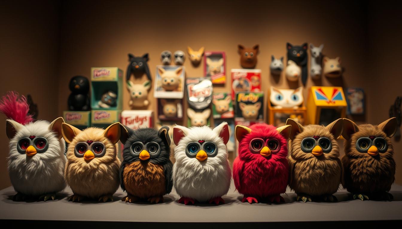 A detailed vintage Furby identification guide, capturing the iconic retro toy in a softly lit, museum-like setting. The foreground features a row of Furbies in various generations, each with distinct markings and details that differentiate their models. The middle ground showcases a curated display of Furby accessories and packaging, providing visual context. The background is a warm, muted palette, evoking a sense of nostalgia and historical preservation. The overall composition has a carefully arranged, editorial feel, highlighting the Furbies as the central focus, shot from a slightly elevated angle to convey a sense of curation and study.
