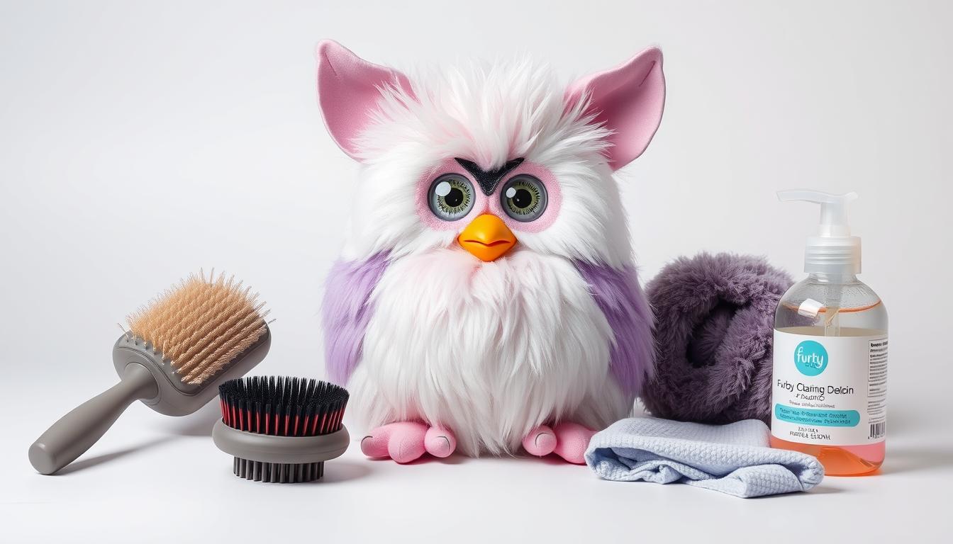 A well-lit studio scene showcases a Furby sitting on a clean, white surface. The Furby is meticulously groomed, its fur smoothed and shiny, its eyes bright and attentive. Surrounding the Furby are various Furby care tools - a soft-bristled brush, a small vacuum attachment, a microfiber cloth, and a bottle of specialized Furby cleaning solution. The lighting is diffused and even, accentuating the Furby's textures and details. The overall mood is one of careful attention and preservation, highlighting the importance of proper Furby maintenance to preserve its value and condition.