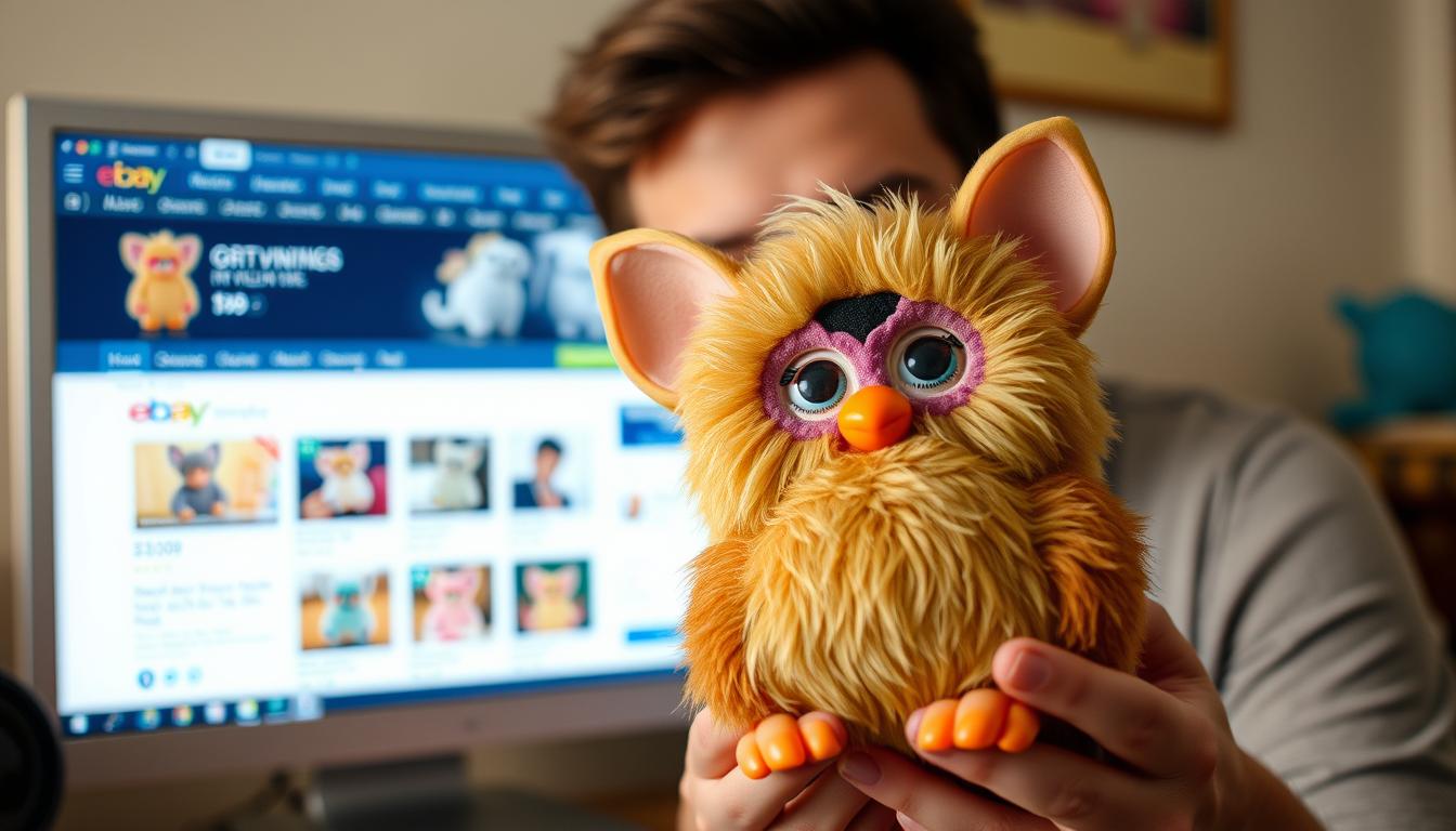 Generate an image of a person holding a vintage Furby, with a computer screen in the background displaying eBay listings.