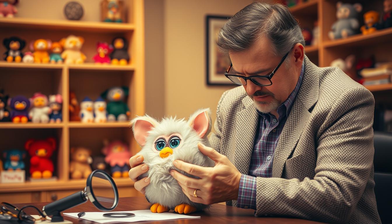 A well-lit studio setting with a professional appraiser closely examining a vintage 1998 Furby plush toy. The appraiser is wearing a tweed jacket and glasses, carefully inspecting the Furby's condition, color, and any unique markings. In the background, shelves filled with other collectible toys and a magnifying glass on the desk suggest a serious, meticulous appraisal process. Warm, soft lighting creates an atmosphere of expertise and careful evaluation, as the appraiser considers the Furby's historical significance and potential market value.