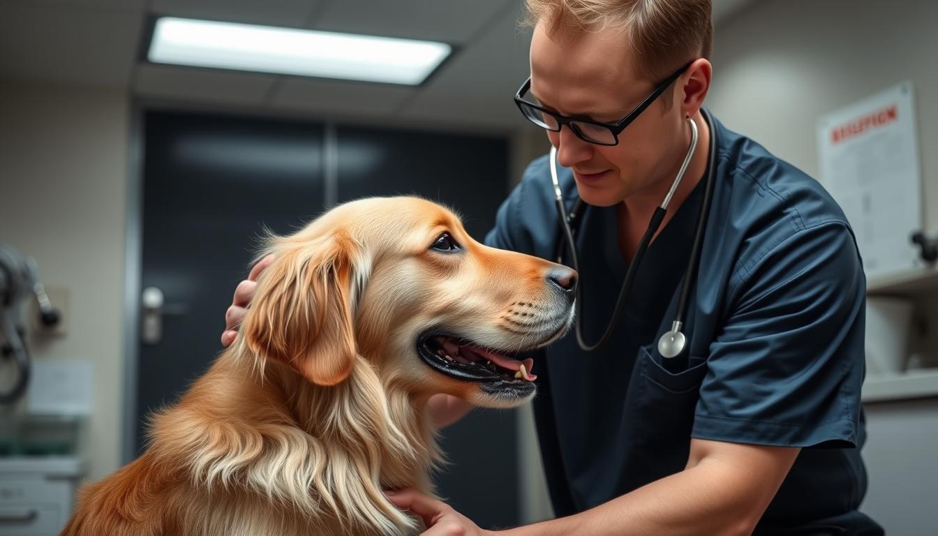Veterinarian examining a golden retriever that appears to be grunting