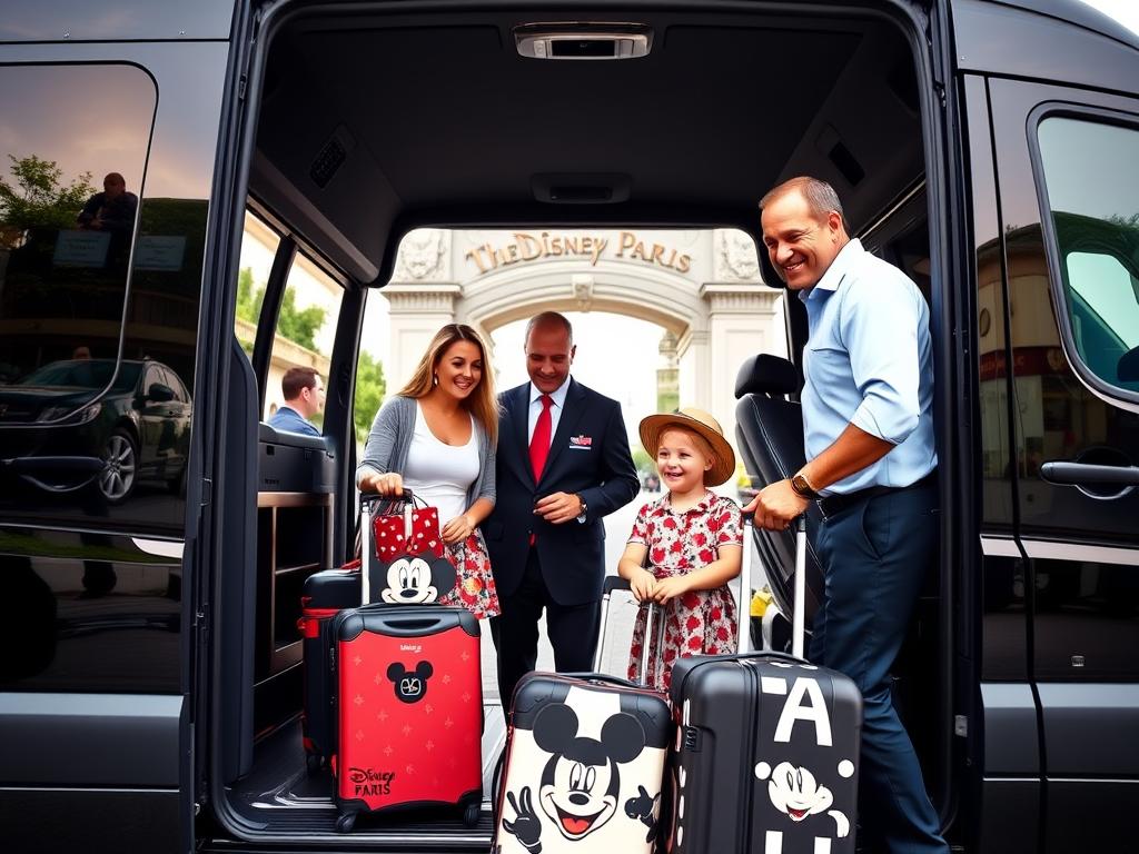 Family with luggage being helped into a private taxi at Disney Paris entrance