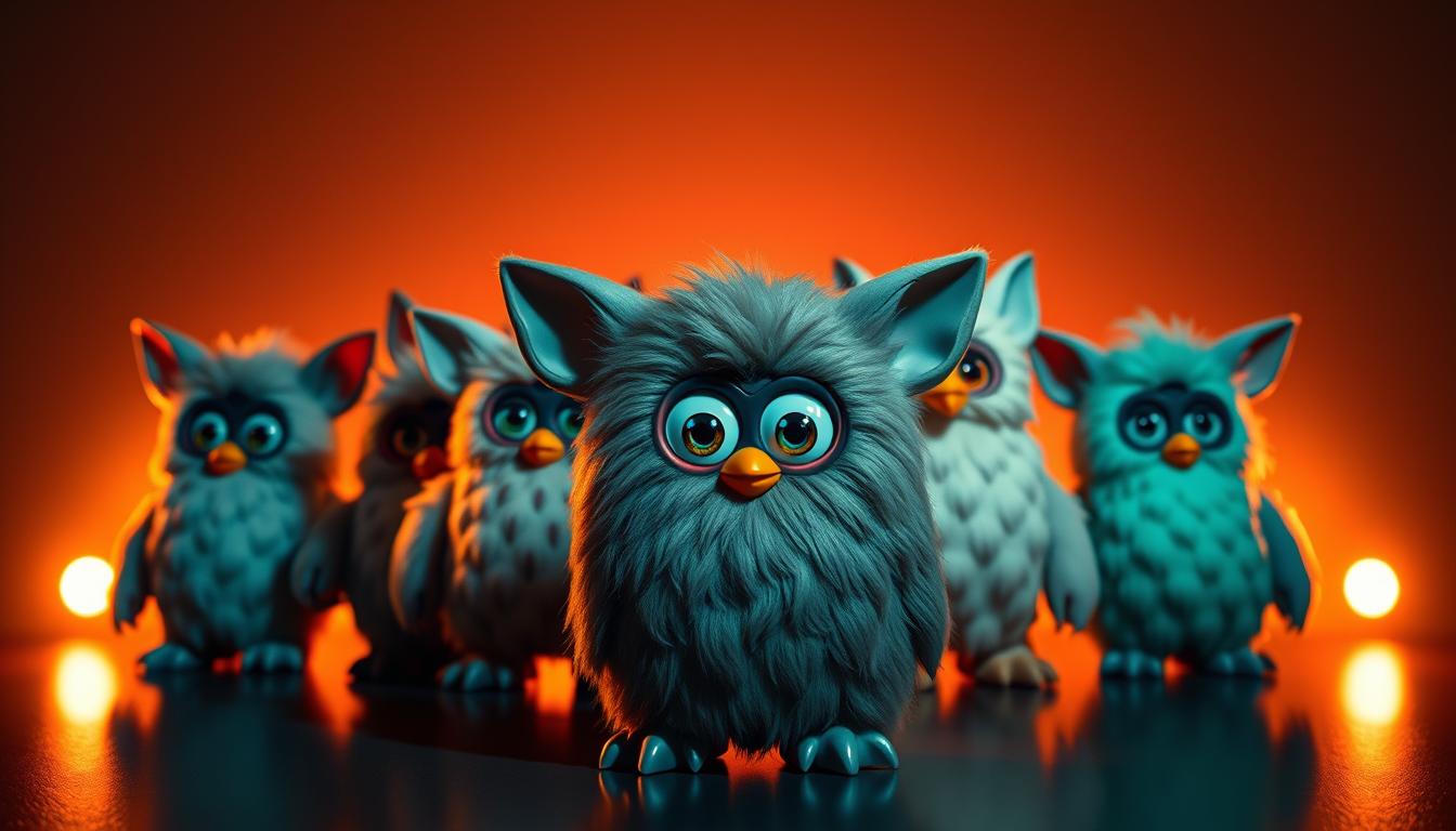 A collection of Furby figurines showcasing the evolution of the iconic toy over generations. In the foreground, an original 1998 Furby model with its signature large eyes and furry exterior stands proud. Behind it, subsequent Furby designs appear, each iteration exhibiting subtle changes in shape, color, and features - from the sleeker 2005 models to the more expressive 2012 versions. The Furbies are arranged in a museum-like display, bathed in warm, theatrical lighting that casts dramatic shadows, creating a sense of reverence and nostalgia. The background is a muted, minimalist setting, allowing the Furbies to take center stage and highlight their transformative journey through the decades.