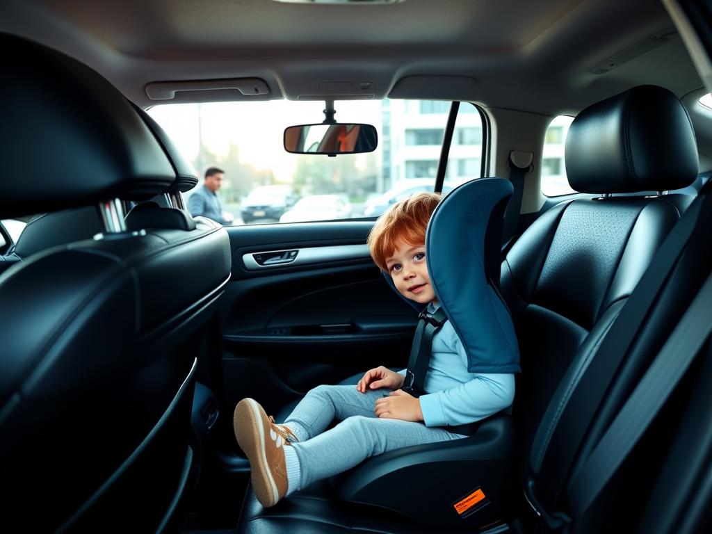 Child safely seated in a taxi with proper child seat installed