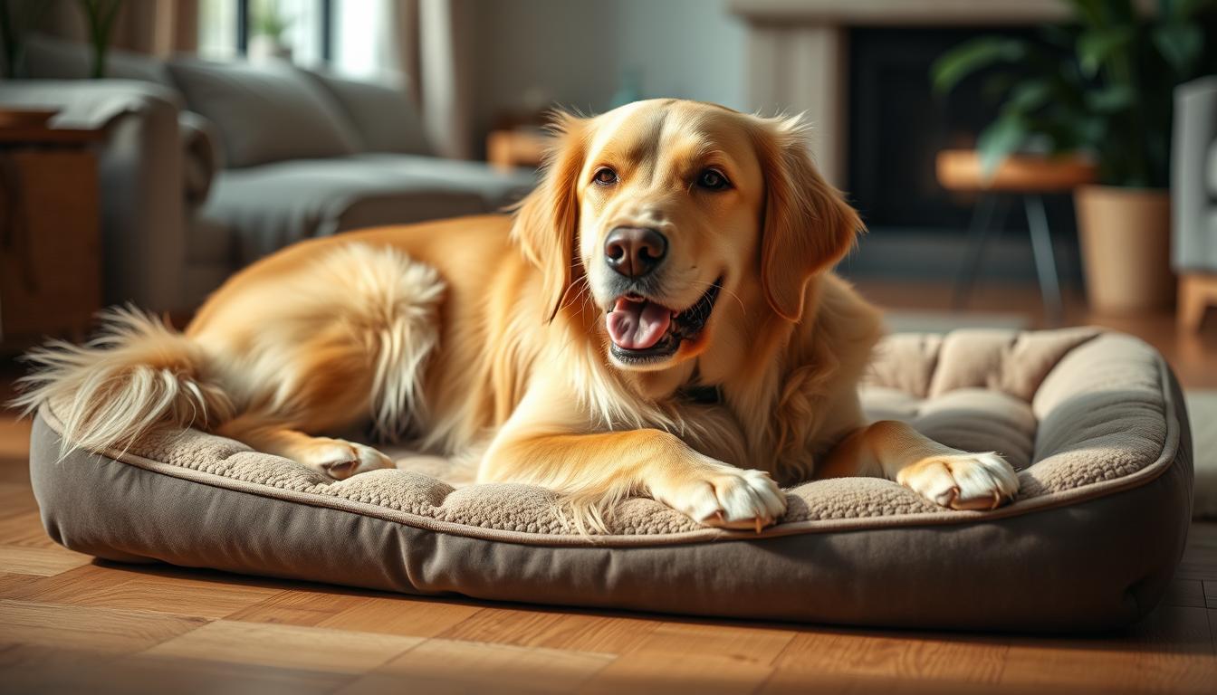 Golden retriever relaxing comfortably on an orthopedic dog bed