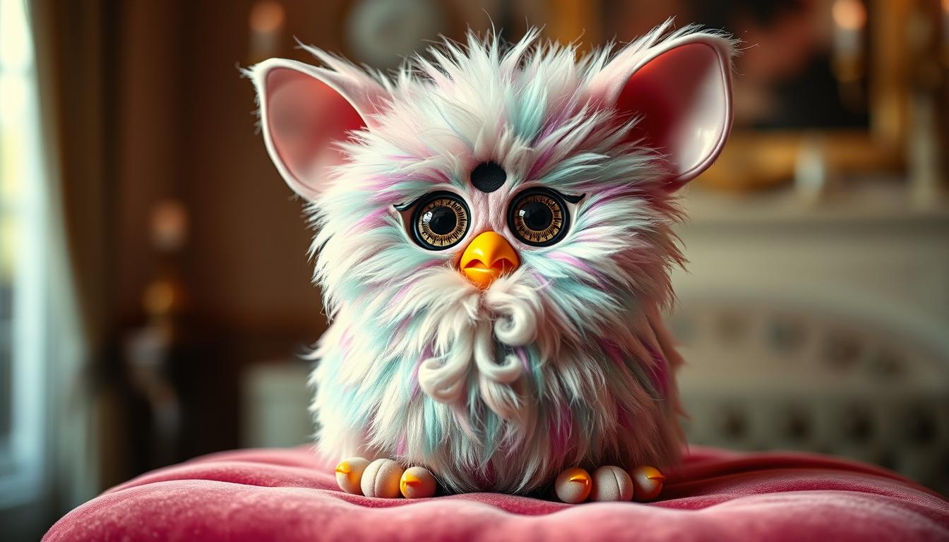 A rare vintage Furby with a unique iridescent fur pattern, sitting on a plush velvet cushion in elegant lighting. The Furby's large, expressive eyes gaze directly at the viewer, capturing its quirky yet endearing character. The background is a softly blurred vintage-inspired setting, hinting at the Furby's nostalgic collectible value. Crisp, high-resolution detail allows the viewer to appreciate the Furby's intricate design and craftsmanship, the kind that made the original Furbies highly sought-after collector's items.