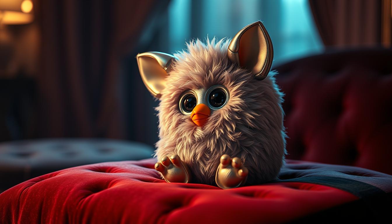 a highly detailed, photorealistic image of a rare furby plush toy, resting on a velvet cushion in a dimly lit, elegant interior setting. The furby is illuminated by soft, warm lighting, casting subtle shadows and highlights that accentuate its intricate features. The furby has a unique, iridescent color scheme, with metallic accents and a lustrous, almost ethereal appearance. The background is blurred, creating a sense of depth and focus on the central subject. The overall mood is one of exclusivity, luxury, and the rarity of this particular furby specimen.