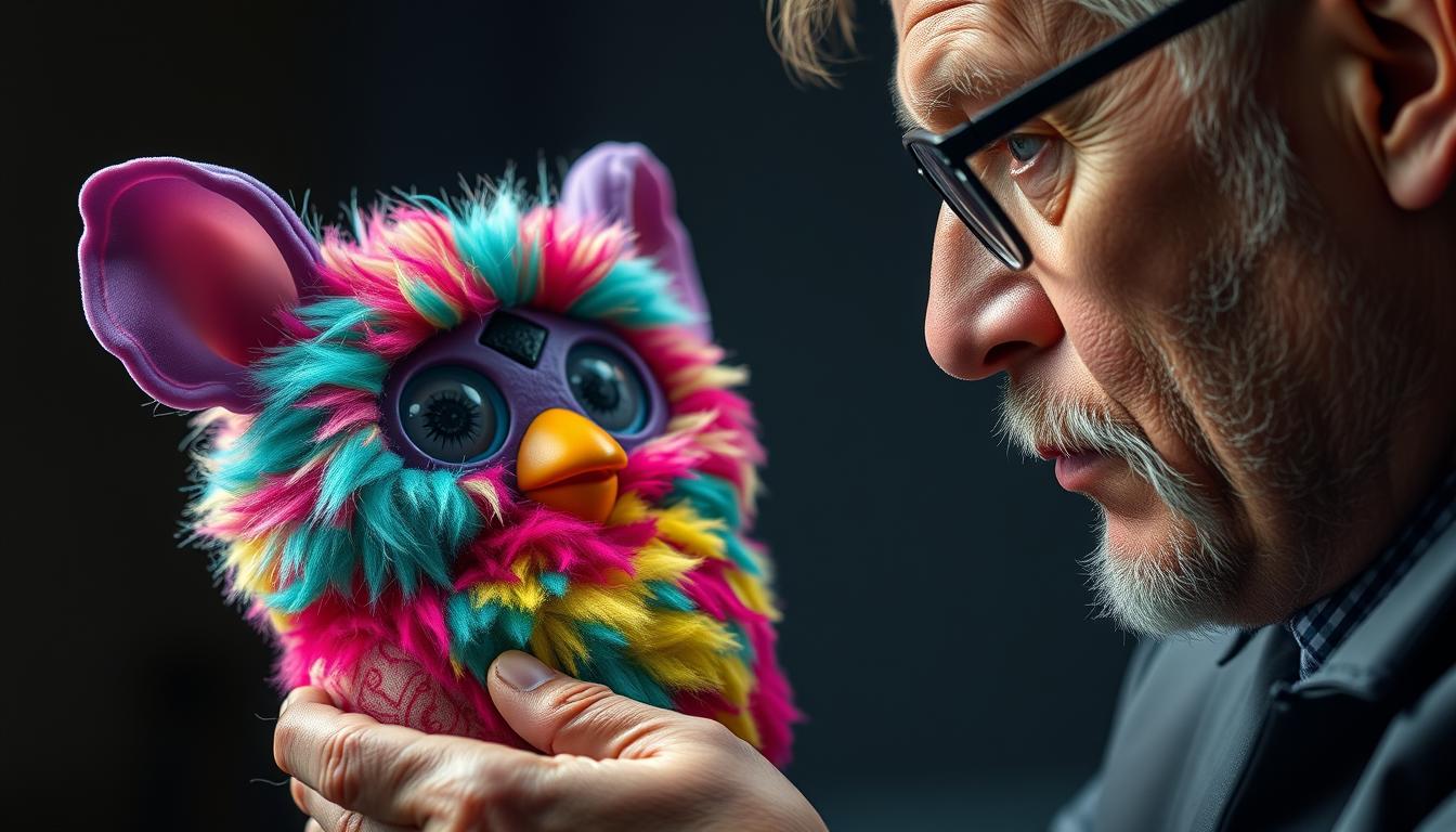 Generate an image of a professional appraiser examining a Furby