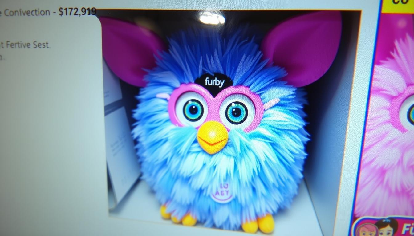 An image of a Furby with a price tag or a Furby being sold online