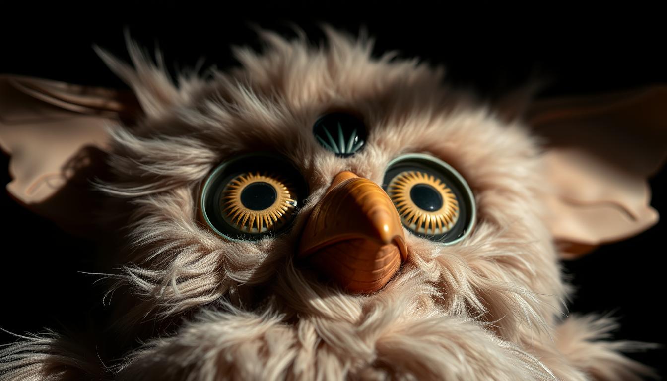 Detailed close-up of a rare vintage Furby, showcasing its unique features. Soft, plush fur in an unusual color palette of muted tones. Large, expressive eyes with intricate patterns. Ornate, articulated ears that can move independently. Textured, iridescent beak with subtle hues. Delicate, intricate detailing on the body, including a distinctive marking or pattern. Dramatic, moody lighting casts long shadows, highlighting the sculptural form. Shot at a slight angle to emphasize the Furby's distinctive profile and presence. The result is a captivating, high-contrast image that showcases the rare and valuable qualities of this collectible toy.