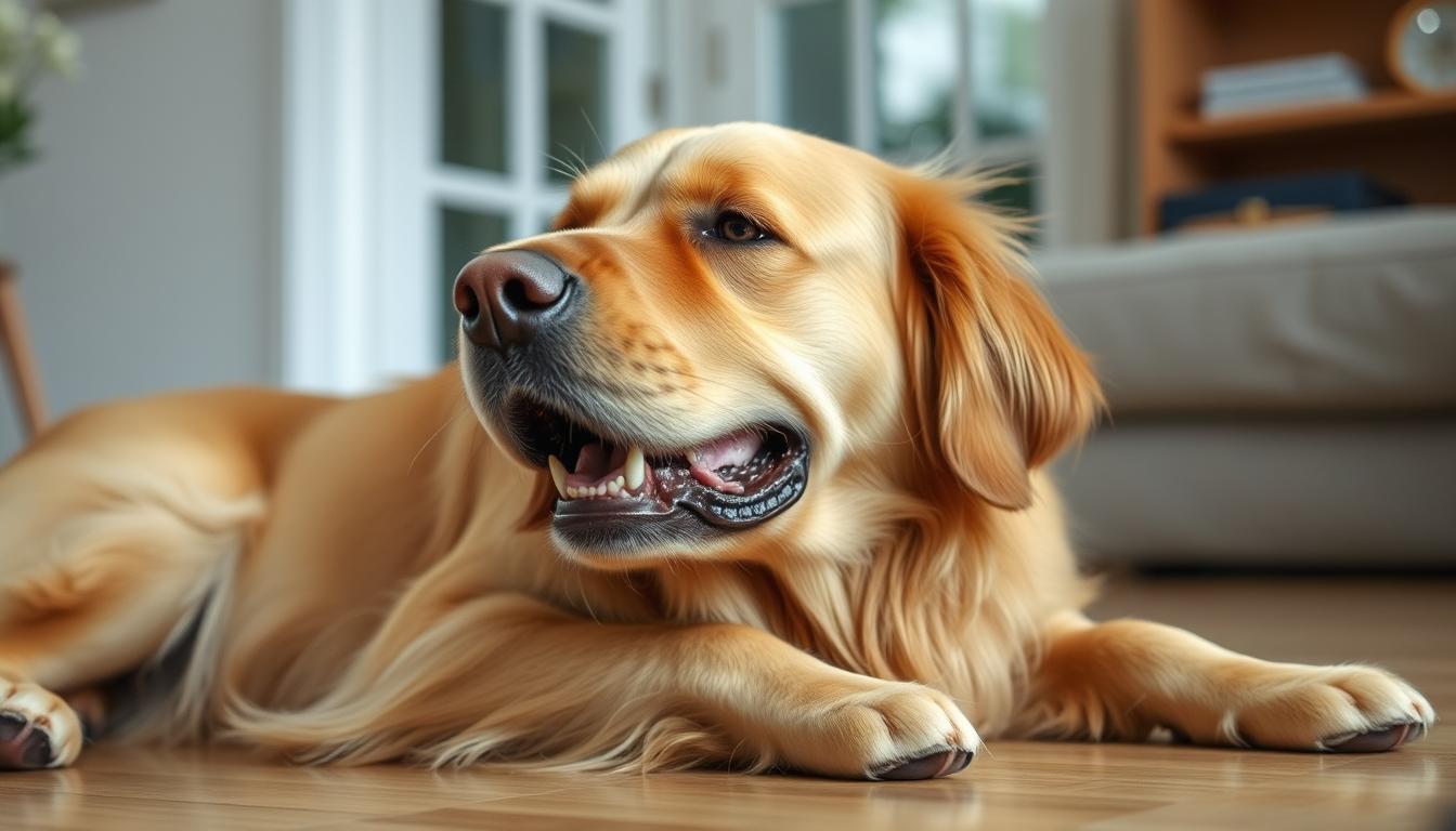 Senior golden retriever grunting while getting up from lying position