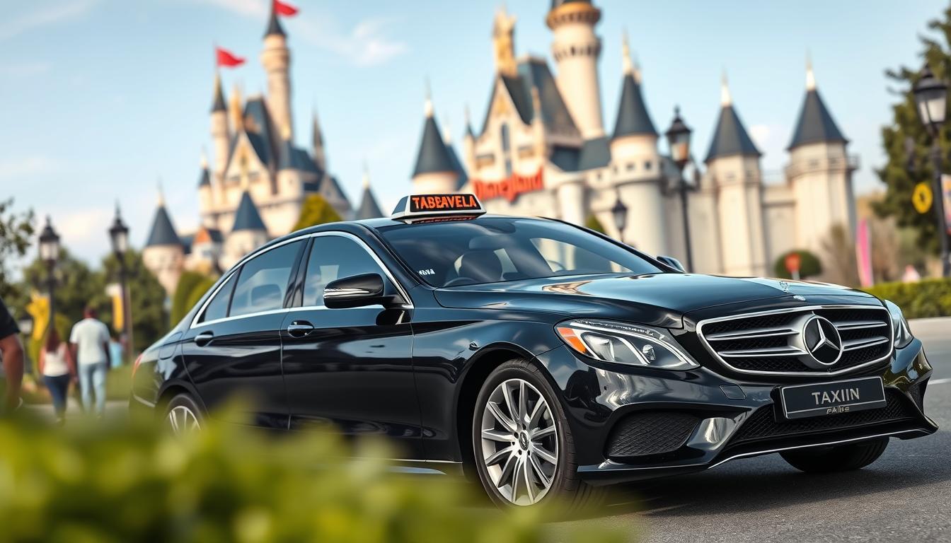 Luxurious private taxi waiting outside Disneyland Paris entrance with the iconic castle in background