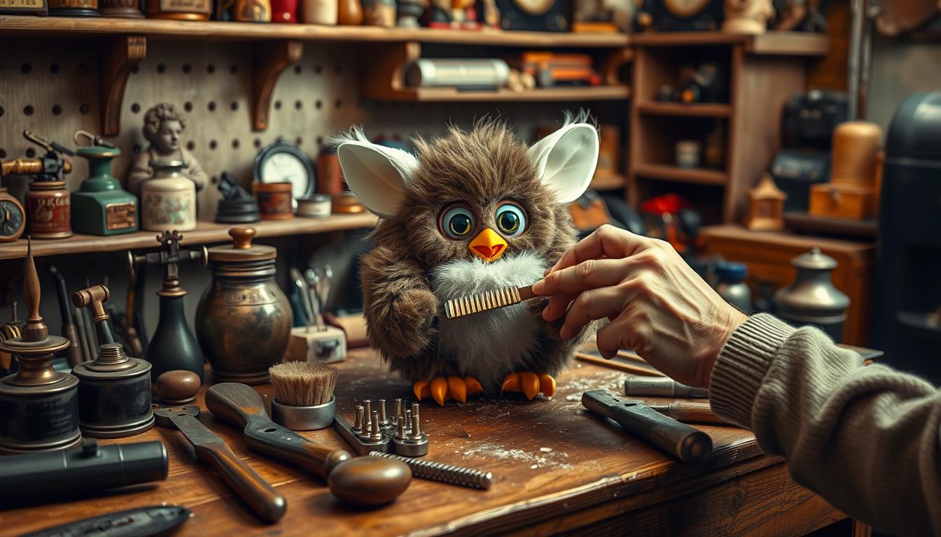 A cozy, vintage workshop scene featuring a well-loved Furby sitting on a wooden workbench, surrounded by an assortment of classic tools and accessories. The Furby is being carefully cleaned and maintained, its fur gently brushed and its mechanisms inspected by an elderly doll collector's weathered hands. Soft, warm lighting casts a nostalgic glow, while the background features shelves of antique toys and memorabilia, evoking a sense of timeless care and preservation. The composition emphasizes the delicate, intricate nature of Furby ownership, with a focus on the details that help maintain these iconic 90s creatures.