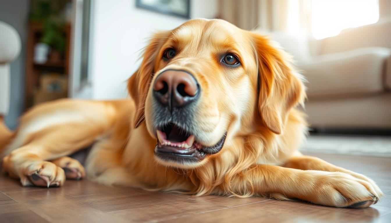 Golden retriever lying on floor making a grunting sound with mouth slightly open