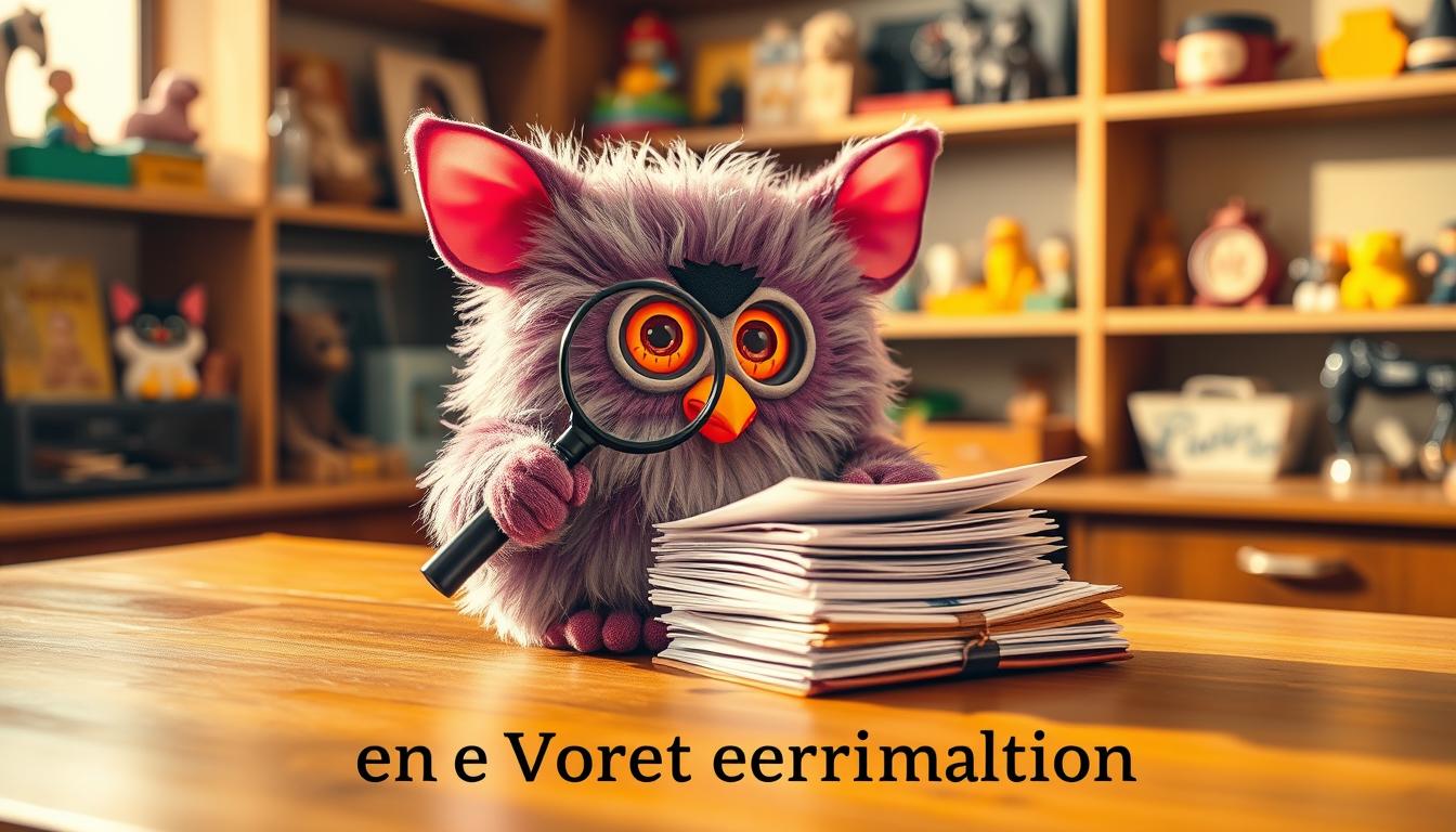 A Furby sitting on a wooden desk, its eyes glowing with an inquisitive expression as it examines a magnifying glass and a stack of documents, symbolizing the process of value determination. The scene is bathed in warm, natural lighting, creating a cozy, analytical atmosphere. The background features shelves filled with vintage toys and collectibles, hinting at the Furby's potential worth. The image captures the spirit of the article's section, inviting the viewer to delve into the intricacies of assessing a Furby's value.