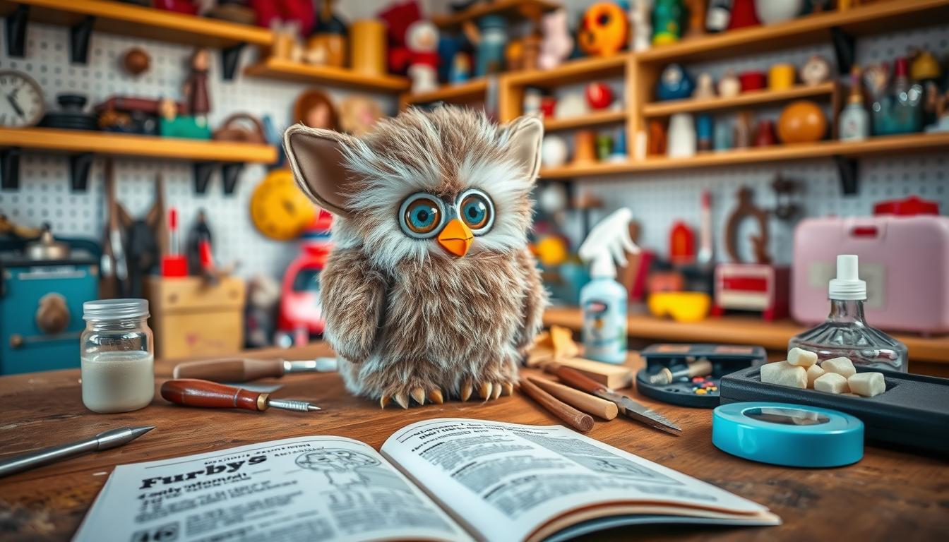 Detailed furby maintenance tips: A vintage furby perched on a wooden work table, surrounded by various tools and cleaning supplies. Soft, natural lighting illuminates the scene, highlighting the furry creature's intricate textures and details. In the foreground, an open furby owner's manual provides step-by-step instructions, while the background showcases shelves filled with other retro toys and knickknacks, creating a nostalgic, workshop-like atmosphere. The composition conveys a sense of care and preservation, hinting at the value of keeping this beloved 90s icon in pristine condition.