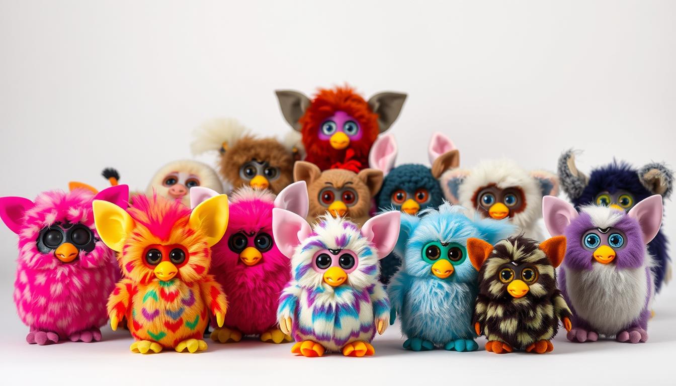 A collection of rare and collectable Furby figures, meticulously arranged in a well-lit, studio-style setting. In the foreground, several vibrant Furby models from limited editions or special releases, each with unique patterns, textures, and color schemes. In the middle ground, a selection of vintage Furby toys from the 1990s, showcasing the evolution of this iconic plush creature. The background features a simple, clean backdrop that emphasizes the intricate details and craftsmanship of these rare Furby specimens. The overall lighting is soft and diffused, creating a sense of depth and highlighting the delicate features of the Furbys. The composition is balanced and visually engaging, inviting the viewer to closely examine these highly sought-after collectibles.