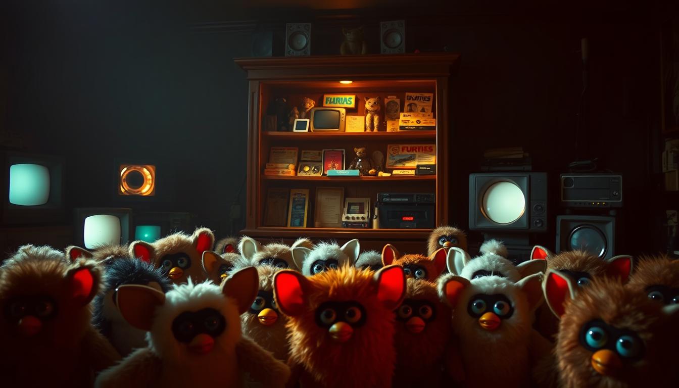 A dimly lit room, filled with the nostalgic glow of vintage electronics. In the foreground, a collection of original Furbys - each one a unique testament to the 90s craze. The plush, rounded forms of the Furbys are carefully arranged, their big eyes and fuzzy textures reflecting the warm, amber lighting. In the middle ground, a wooden display cabinet holds an assortment of Furby accessories and memorabilia, from vintage packaging to rare limited editions. The background is shrouded in shadows, creating a sense of mystery and intrigue around this treasure trove of Furby collectibles. The image conveys a mood of reverence and appreciation for the iconic toy that captured the imagination of a generation.