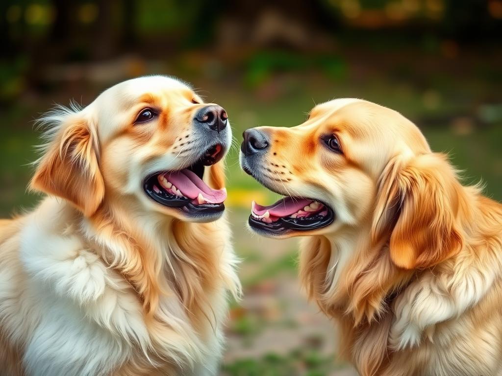 Two golden retrievers interacting and making vocal sounds together