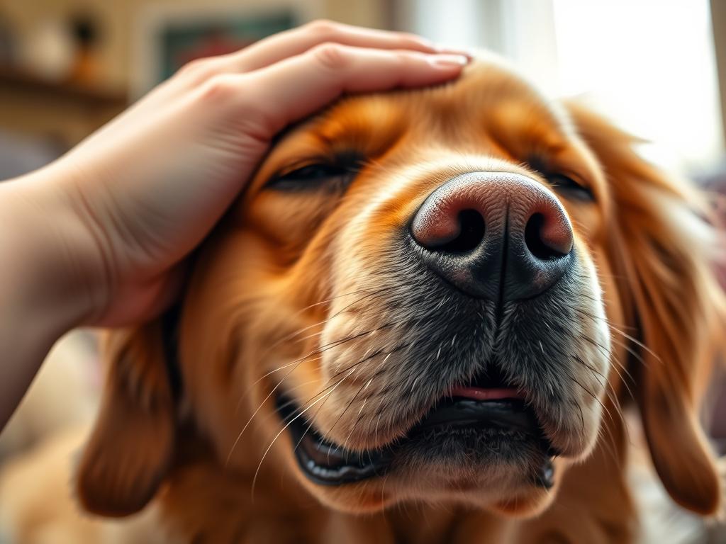 Owner petting golden retriever who is grunting with contentment