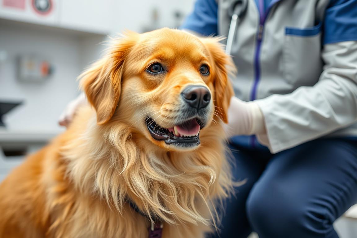 Golden Retriever King Charles Mix at veterinary checkup
