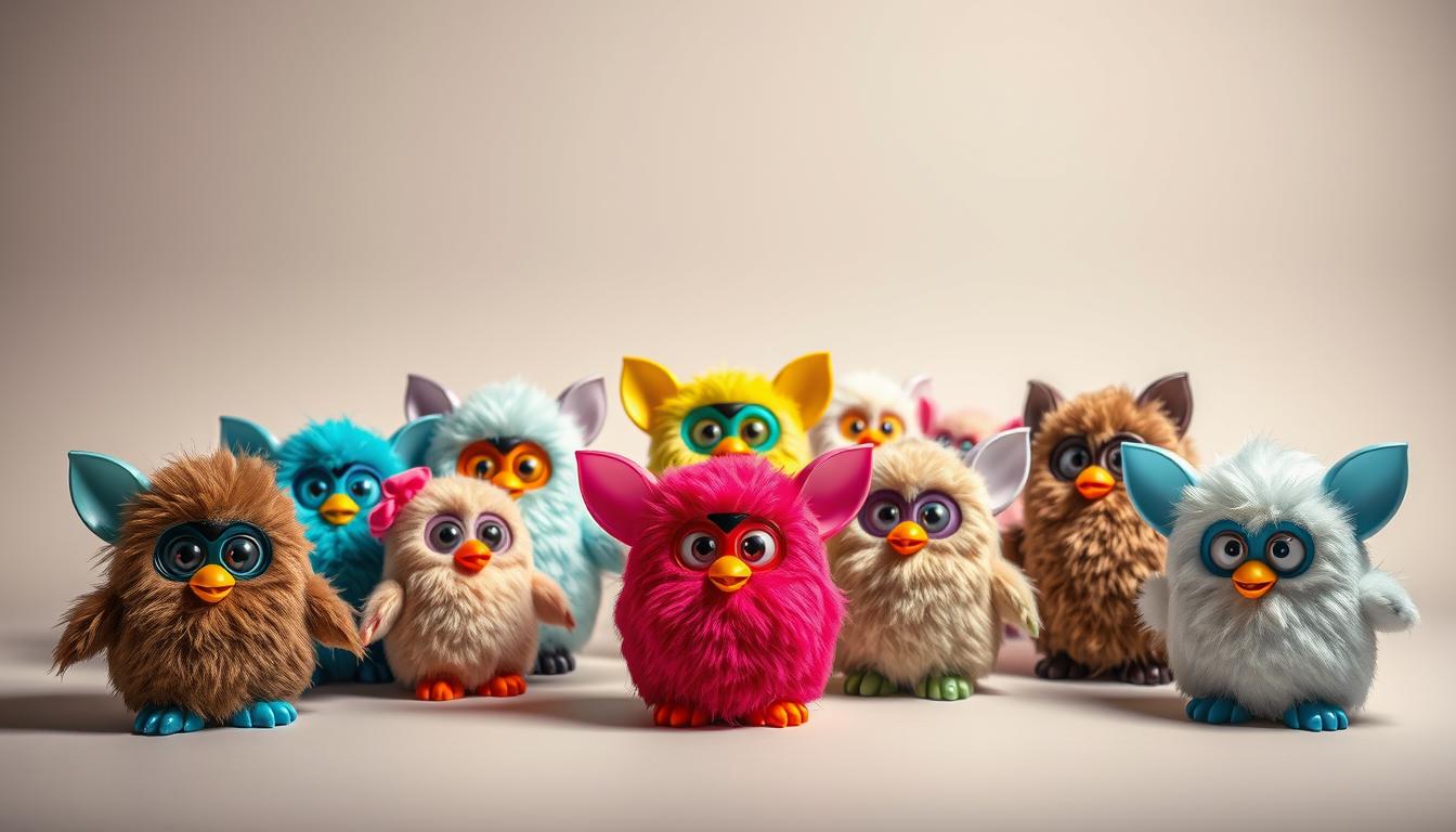 A collection of vibrant Furby dolls in various editions, showcased against a clean, minimalist background. The Furbies are displayed in the foreground, each with its distinctive features and unique color schemes - from the classic brown and teal models to the limited-edition metallic and holographic variants. The mid-ground offers a sense of depth, with the Furbies arranged in a visually-appealing composition that highlights their diverse designs. The background is a simple, neutral tone, allowing the Furbies to be the central focus. The lighting is soft and diffused, creating a refined, high-quality look that enhances the details of the Furby figures. The overall mood is one of curiosity and appreciation for these iconic 90s toys and their evolving collectible editions.