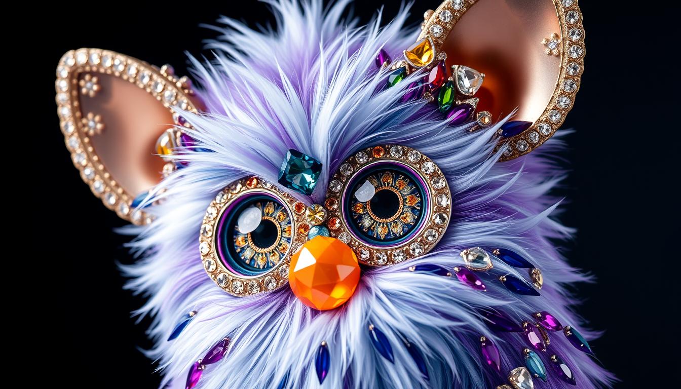 Generate an image of a rare, limited edition Furby adorned with precious stones and crystals.