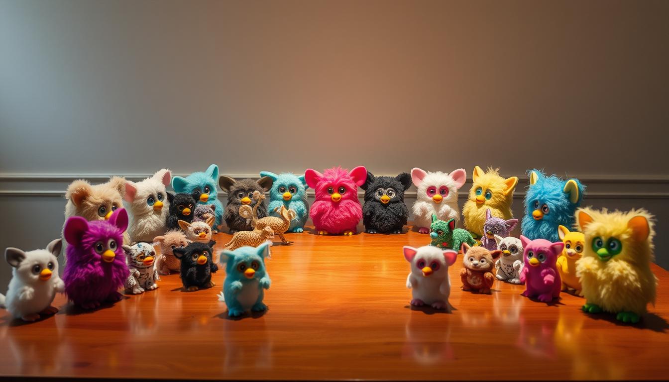 An elegant table display showcasing a carefully curated collection of vintage Furby toys, each in pristine condition. The foreground features a varied assortment of Furbies in different colors and designs, meticulously arranged to highlight their unique features. In the middle ground, a polished wooden table serves as a stage, casting warm, gentle lighting over the collection. The background subtly blends into a soft, neutral tone, allowing the Furbies to take center stage. The overall atmosphere conveys a sense of reverence and appreciation for these iconic 90s collectibles.