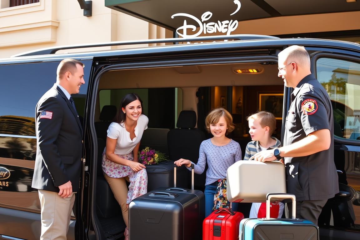 Family with luggage being helped into a private taxi outside Disney Paris hotel