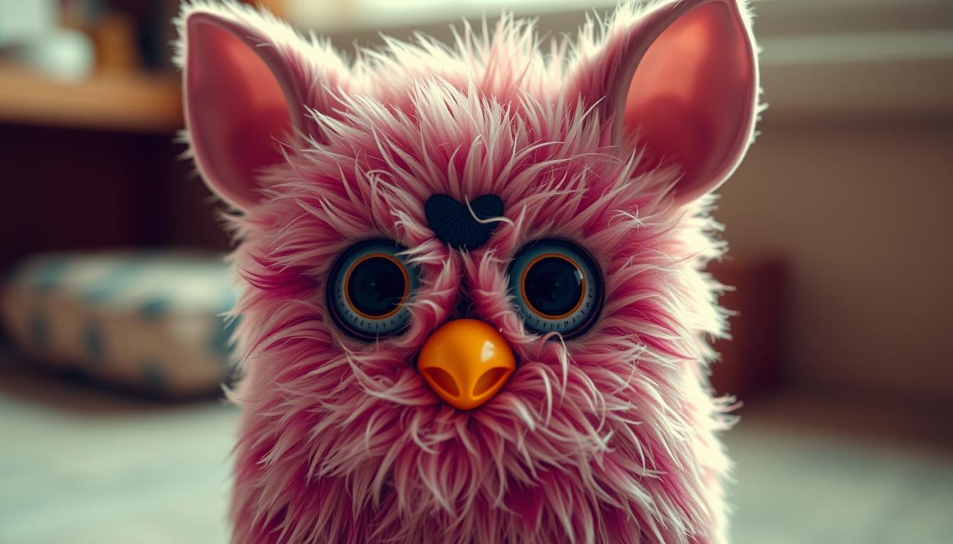 A high-resolution, highly detailed image of the original 1998 Furby features, showcasing its distinct fuzzy texture, large bulbous eyes, and a rounded, expressive face. The Furby is placed in a warm, softly lit environment, with subtle shadows and highlights that accentuate its unique design. The image captures the nostalgic charm and whimsical appeal of the iconic 90s toy, with a focus on the intricate design elements that made the original Furby so recognizable and beloved.