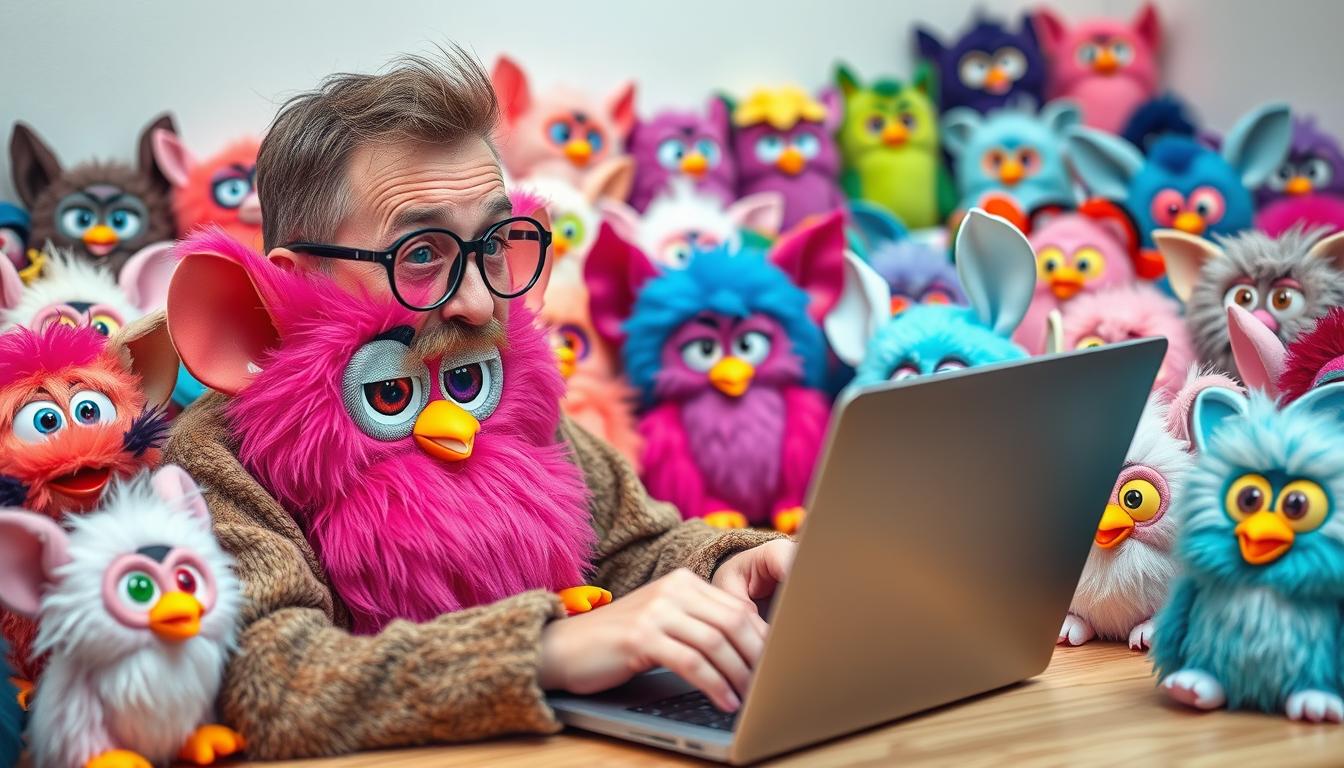 Image of a Furby collector browsing online marketplaces on their laptop