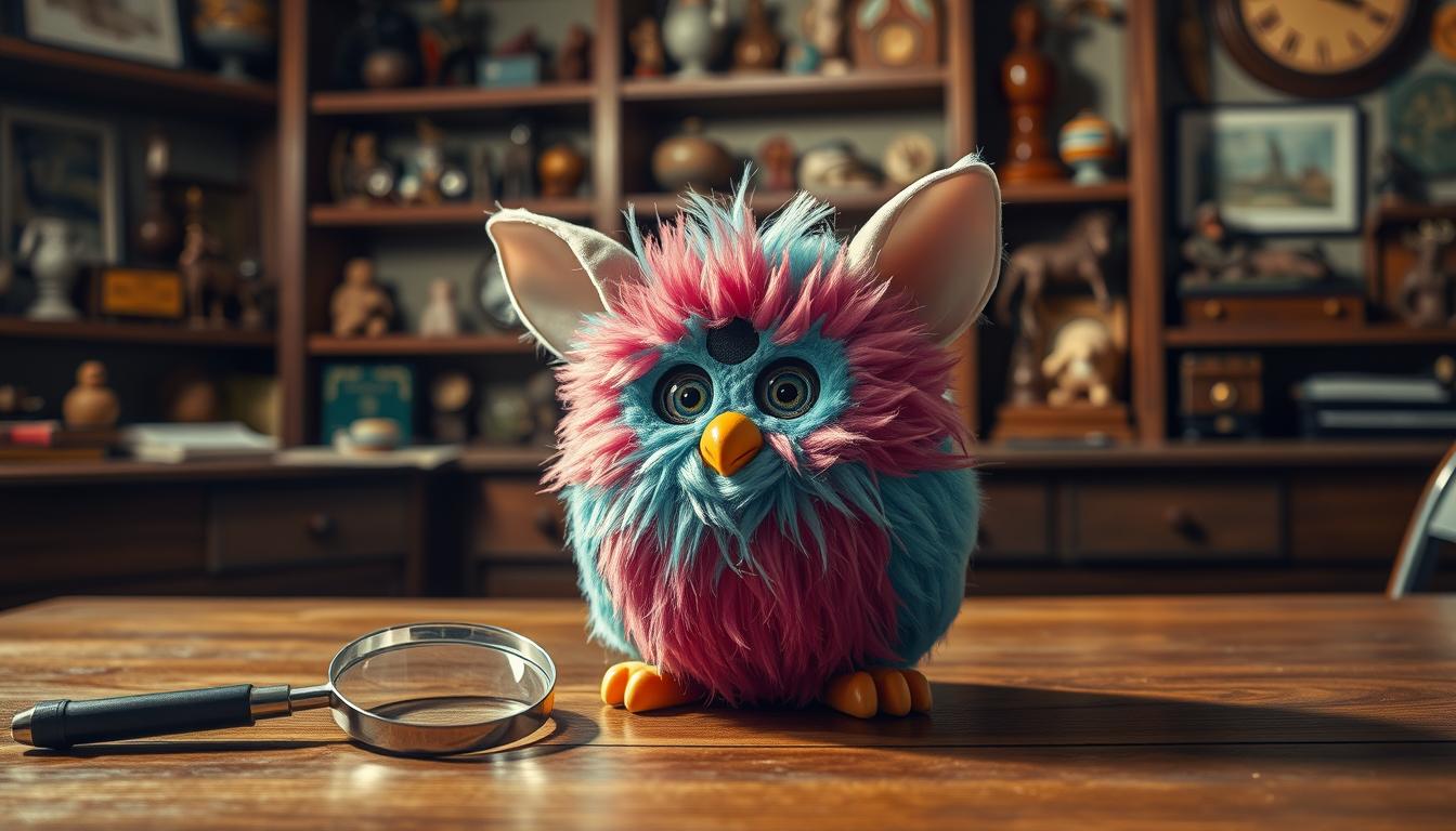 A well-lit appraisal workspace with a wooden table, magnifying glass, and a vintage 1998 Furby placed in the center. The Furby is positioned at a slight angle, allowing for a detailed inspection of its distinctive features - the large, expressive eyes, fuzzy pink and blue fur, and the specialized mechanisms used to produce its iconic sounds. In the background, shelves displaying a collection of antique toys and memorabilia, providing a sense of context and expertise. Soft, directional lighting casts subtle shadows, emphasizing the Furby's tactile textures and lending an air of professionalism to the scene. The overall atmosphere is one of careful examination, as if the viewer is witnessing a meticulous evaluation by a seasoned Furby appraiser.
