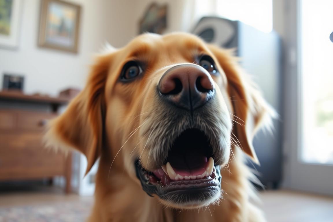 Golden retriever grunting while looking up at owner expectantly