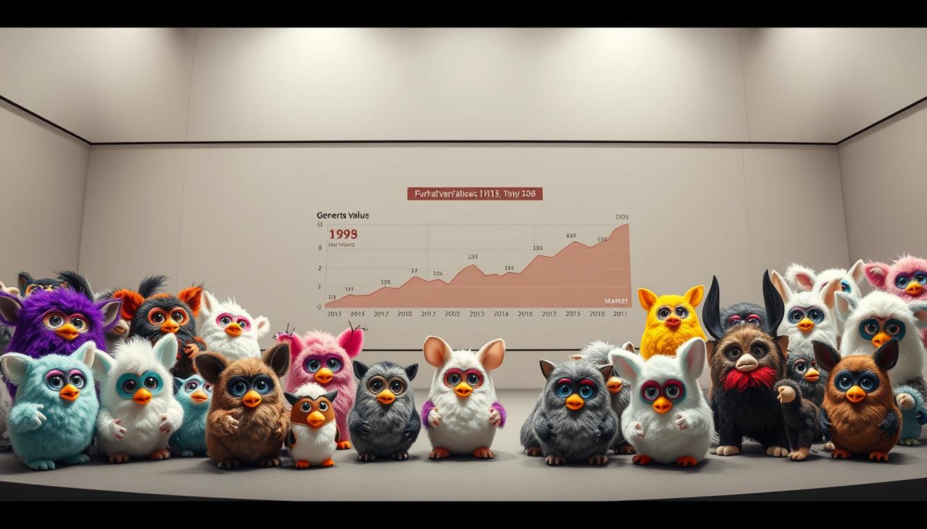 A panoramic view of several Furby generations arranged in a dynamic display, showcasing their distinct designs and market values. The foreground features a range of Furby models from the 1998 original to the latest iterations, each positioned to highlight their unique features and appeal. The middle ground depicts a detailed chart illustrating the fluctuating market values of these Furby generations over time, with graphs and data visualizations. The background depicts a modern, minimalist setting with clean lines and neutral tones, allowing the Furbys and their market information to take center stage. The lighting is soft and diffused, creating a sense of depth and emphasizing the textures and details of the Furby designs. The overall composition conveys a comprehensive understanding of the Furby phenomenon and its market significance.