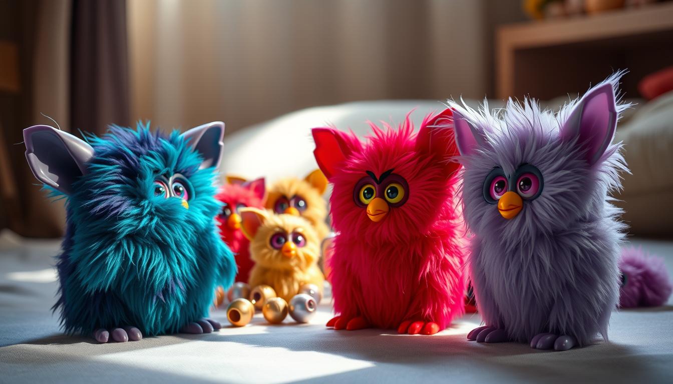 A collection of rare and vibrant Furby colors from the 1998 original release, captured in a whimsical still life. In the foreground, a trio of Furbies in striking hues of deep teal, plum, and fiery vermilion stand out against a soft, diffused backdrop. The lighting is gentle and natural, casting subtle shadows that accentuate the fuzzy textures and angular features of the Furby forms. The middle ground holds a scattering of additional Furbies in more unusual shades, such as metallic gold and iridescent lavender, creating a sense of depth and variety. In the background, a softly blurred setting evokes a cozy, nostalgic atmosphere, hinting at the cherished status of these vintage toys. The overall composition conveys the rare and desirable nature of these vibrant Furby color variants from the 1998 release.
