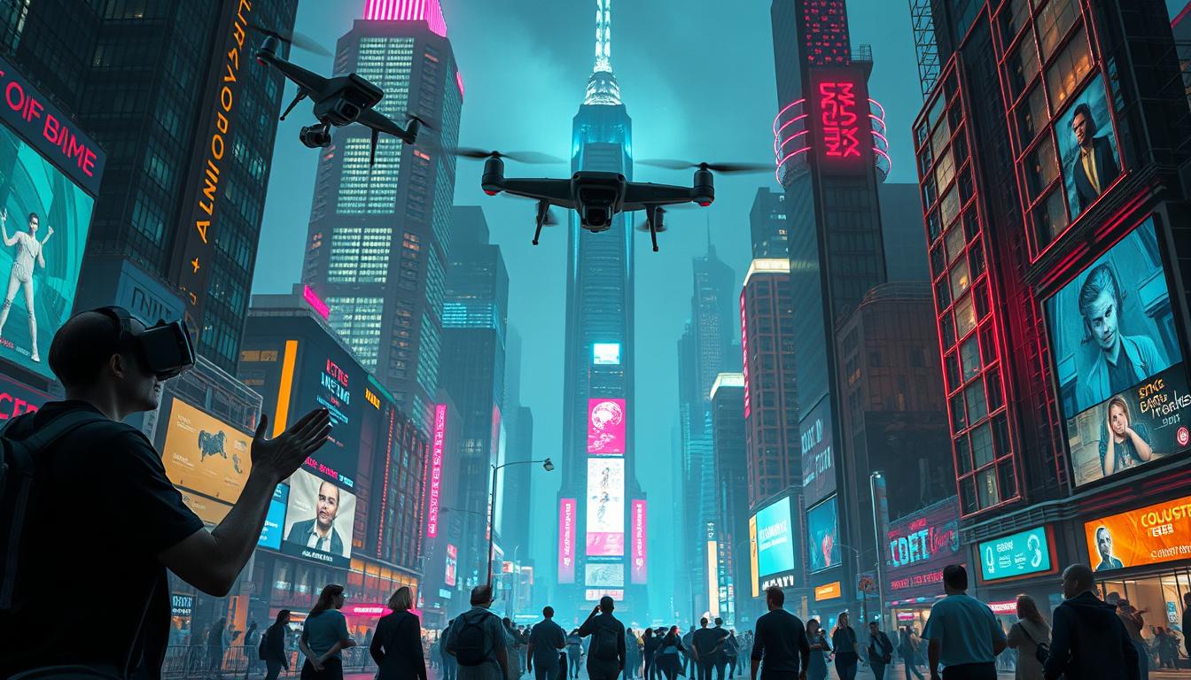 Detailed futuristic cityscape with towering skyscrapers and holographic displays, illuminated by vibrant neon lighting. In the foreground, figures immersed in virtual reality headsets, gesturing and interacting with digital interfaces. Floating drone cameras and augmented reality overlays seamlessly integrated into the urban landscape. A sense of technological advancement and social connectedness, with an underlying current of curiosity and wonder. Captured in a cinematic, wide-angle perspective with a moody, atmospheric lighting.