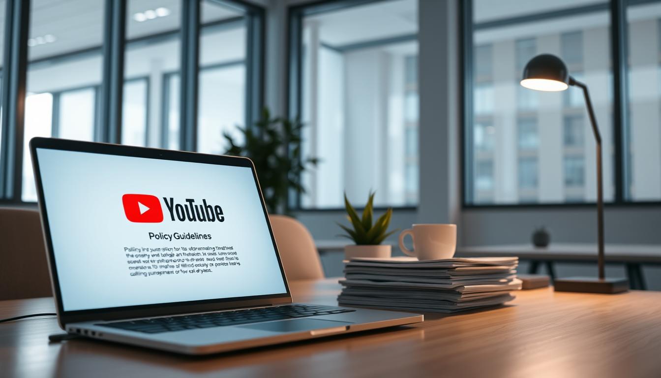 A modern office setting with a sleek, minimalist aesthetic. In the foreground, a laptop displays the YouTube logo and policy guidelines, its screen illuminated by a soft, diffused light. On the desk, a stylized YouTube icon and a neatly organized stack of documents symbolize the importance of compliance. The middle ground features a potted plant and a modern desk lamp, creating a sense of balance and professionalism. The background showcases floor-to-ceiling windows, allowing natural light to filter in and giving the scene a bright, airy atmosphere. The overall mood is one of diligence, attention to detail, and a commitment to adhering to platform regulations.