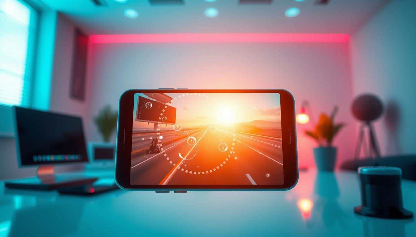 A vibrant digital landscape, where AI-powered video reels captivate the viewer. In the foreground, a sleek smartphone displays a mesmerizing reel, its screen illuminated by a warm, natural lighting. The reel showcases a seamless blend of dynamic visuals, smooth transitions, and engaging content, all generated by advanced machine learning algorithms. In the middle ground, a desk or workspace setting provides context, hinting at the versatility of these AI-driven tools. The background features a minimalist, yet stylish environment, with subtle color accents and clean lines that complement the technological focus. The overall mood conveys a sense of innovation, creativity, and the effortless power of AI-generated content to captivate and inspire.