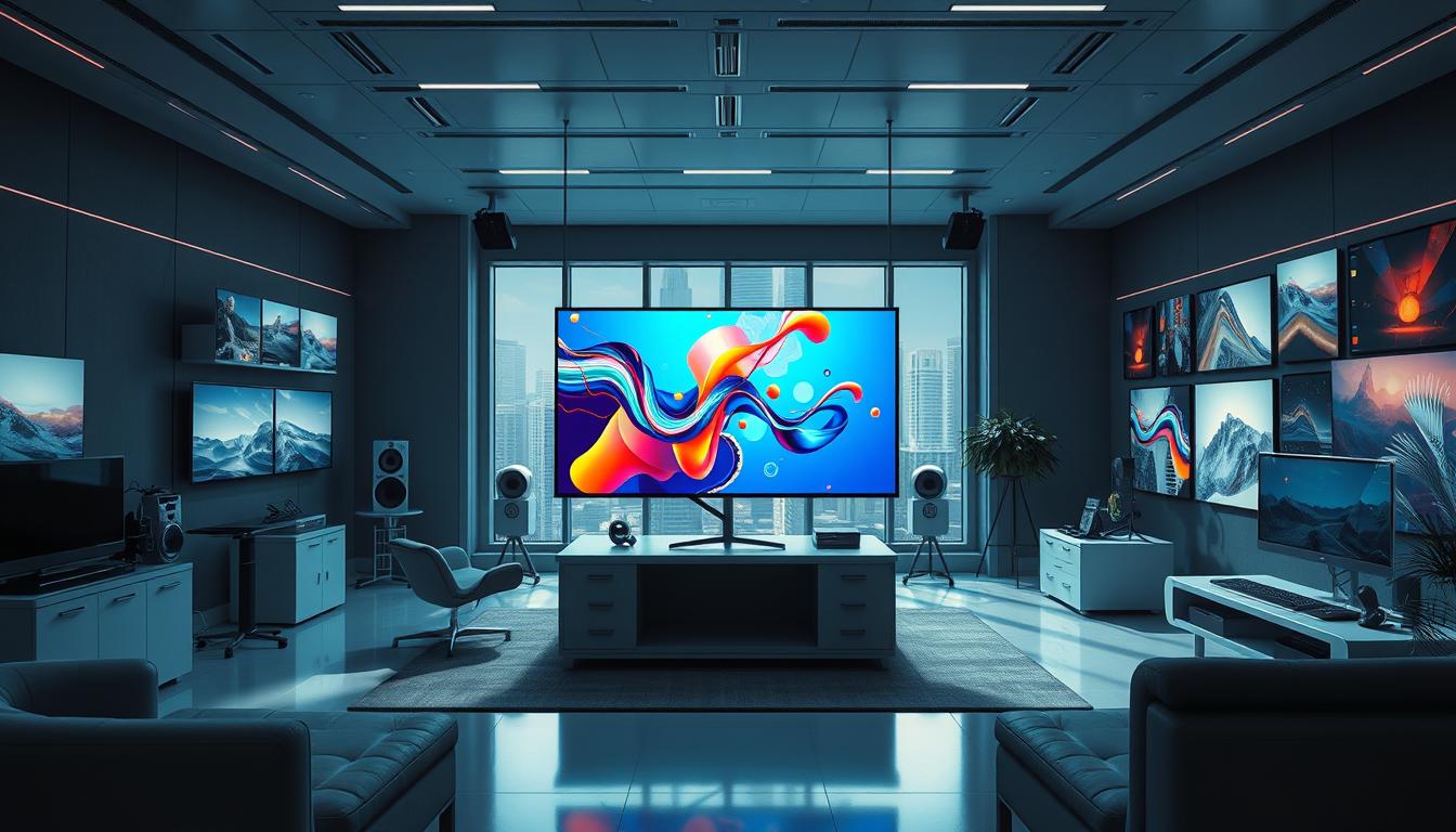 A high-tech digital studio with sleek, minimalist furniture and state-of-the-art equipment. In the foreground, a floating display showcases a vibrant, abstract AI-generated image with dynamic shapes, vivid colors, and a sense of movement. Soft, directional lighting illuminates the scene, casting subtle shadows and highlights that enhance the futuristic atmosphere. The middle ground features a variety of AI-generated artworks displayed on the walls, ranging from surreal landscapes to conceptual portraits. The background is dominated by a large window overlooking a modern cityscape, blending the digital and physical worlds. The overall mood is one of innovation, creativity, and the seamless integration of technology and art.