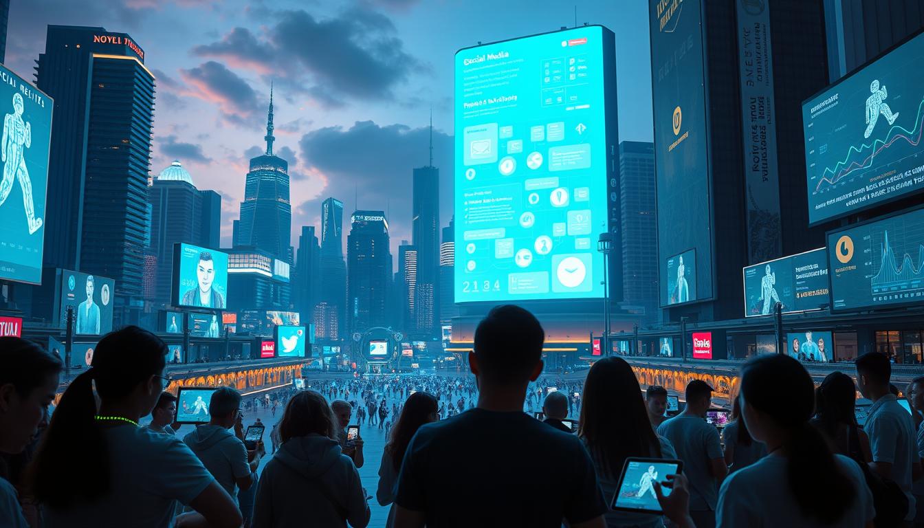 A futuristic cityscape unfolds, its skyline dotted with towering holograms and holographic screens showcasing the latest social media trends. In the foreground, a group of people immersed in their digital devices, their faces illuminated by the glow of the screens. The middle ground features a bustling public square, with virtual avatars and animated social media icons floating around, representing the interconnectedness of the digital world. In the background, a towering digital billboard displays real-time social media analytics and forecasts, offering a glimpse into the future of social media's influence on our lives. The scene is bathed in a cool, neon-tinged lighting, creating an atmosphere of innovation and technological progress.