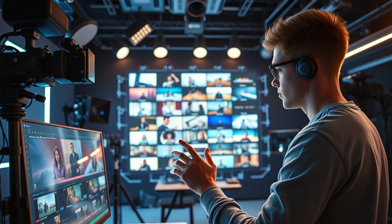 A high-tech video production studio with state-of-the-art cameras, lighting rigs, and editing workstations. In the foreground, a young creative professional is intently focused on a computer screen, manipulating virtual video assets with fluid hand gestures. Behind them, a dynamic holographic display showcases an array of AI-generated video clips, each one a unique, personalized piece of content. The scene is bathed in a cool, futuristic glow, with sleek lines and minimalist design elements that convey a sense of cutting-edge innovation. The overall atmosphere is one of boundless creativity, empowered by the seamless integration of artificial intelligence into the video production workflow.